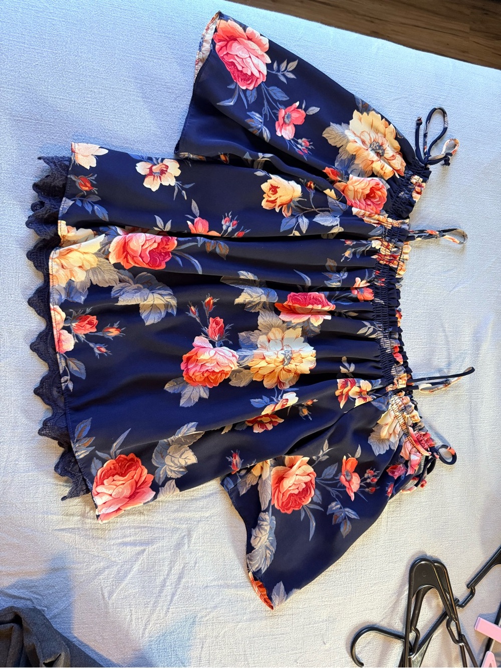 Iz Byer Navy Floral Elastic Off-Shoulder Top with Tie Detail
